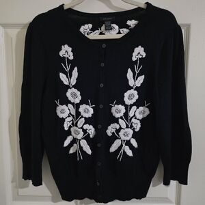 Only Mine Black Cardigan with White Floral Embroidery